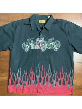 Clearwater Outfitters Mens Button Down Motorcycle flame Casual Black Shirt XL